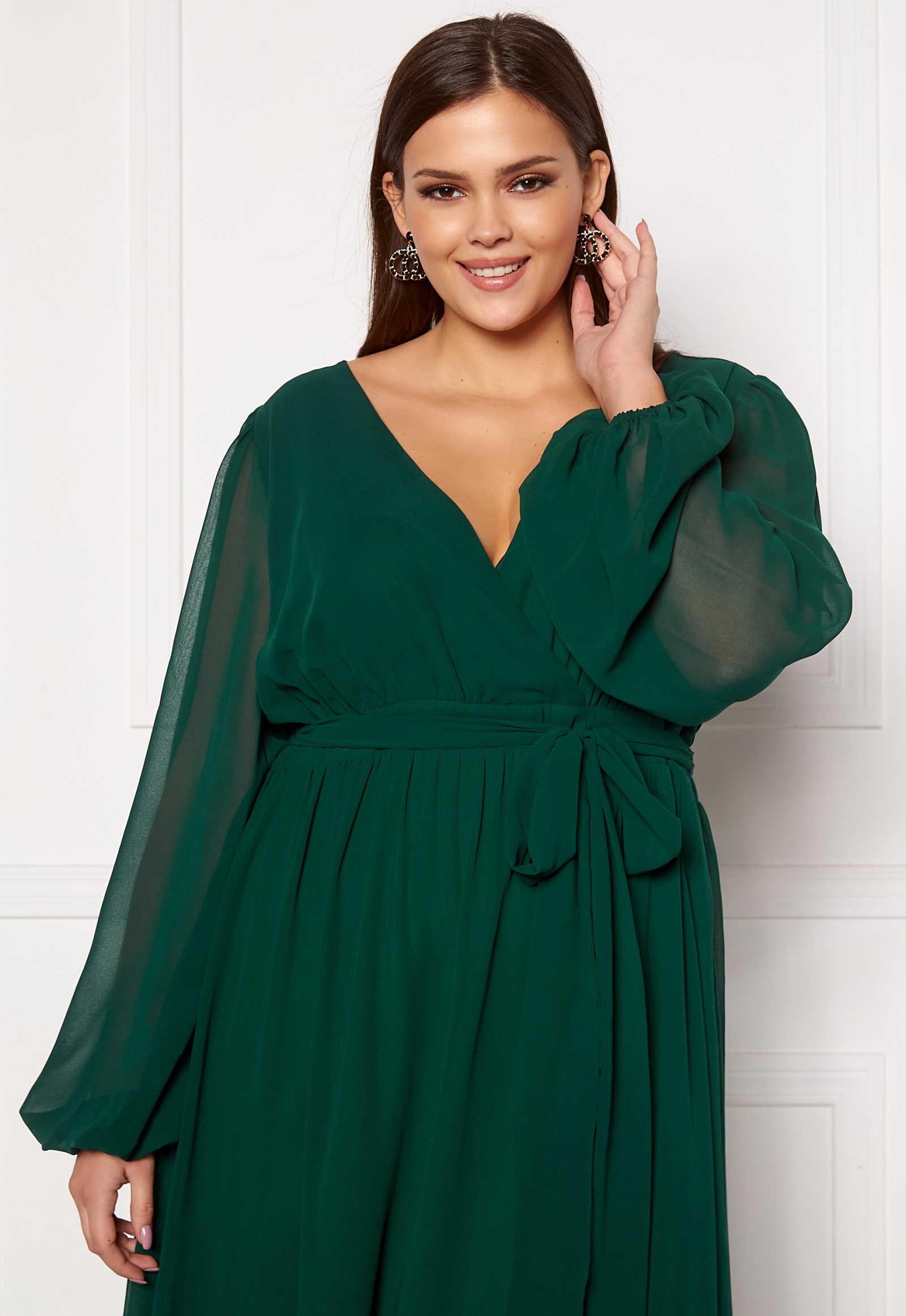 Goddiva Long Sleeve Chiffon Maxi Curve Dress Green Bubbleroom 