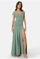 Goddiva Bardot Pleat Maxi Split Dress