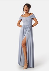 Goddiva Bardot Rouched Maxi Split Dress