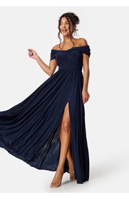 Goddiva Bardot Rouched Maxi Split Dress