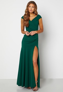 Goddiva Bardot Pleat Maxi Split Dress Emerald bubbleroom.no