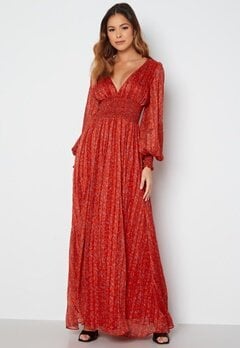 Goddiva Ditsy Long Sleeve Shirred Maxi Dress Red bubbleroom.no