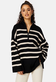 Object Collectors Item Ester L/S Knit Zip Pullover Black Stripes:Sandsh
 bubbleroom.no
