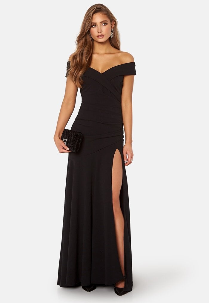 Goddiva Bardot Pleat Maxi Split Dress