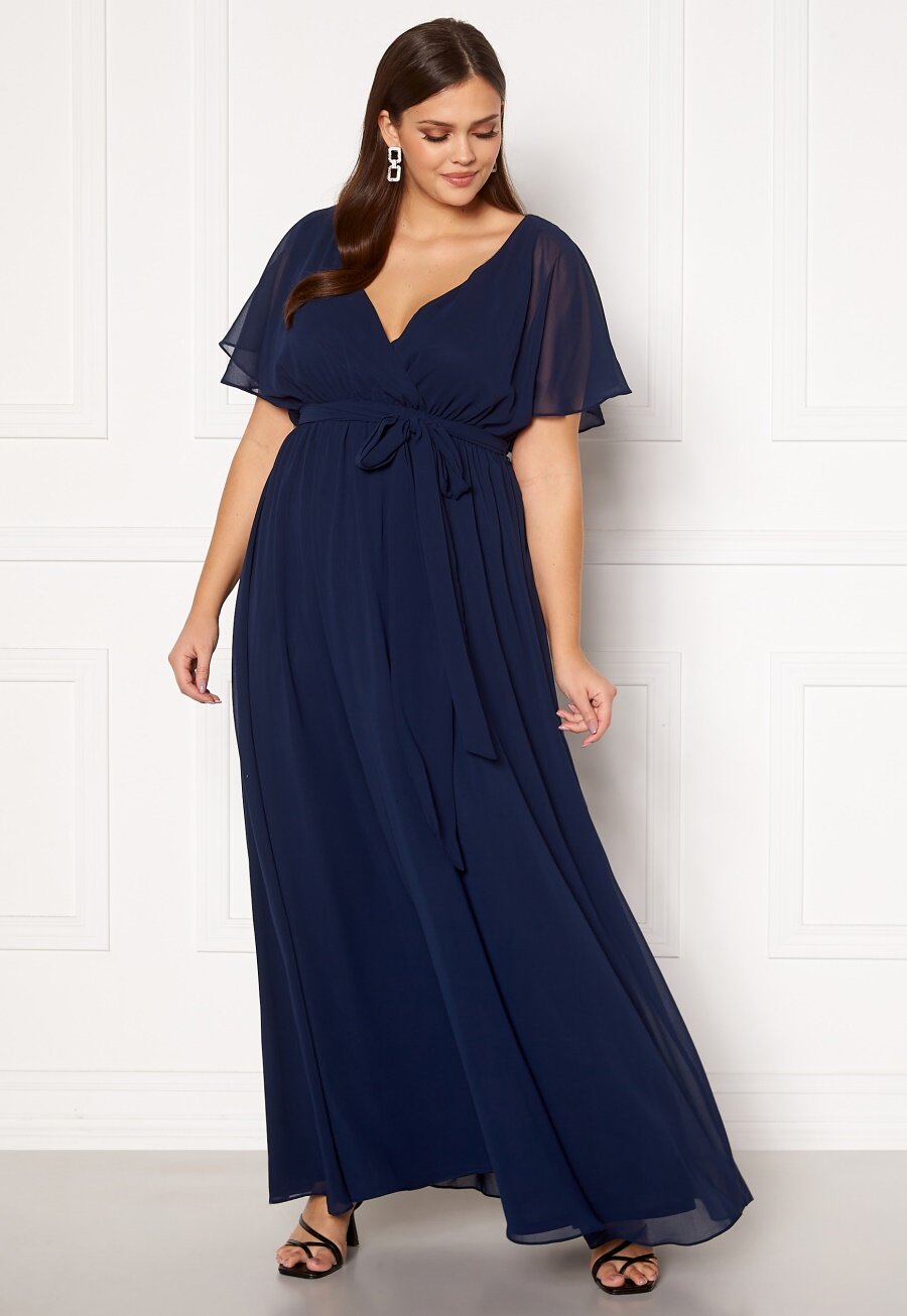 Goddiva Curve Flutter Sleeve Chiffon Maxi Curve Dress Navy Bubbleroom